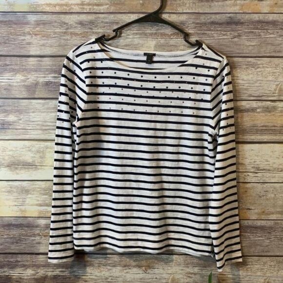 J.‎ Crew Top XS Embellished Striped Shirt Crystals Scoop Neck Cotton Blue White - Picture 2 of 6